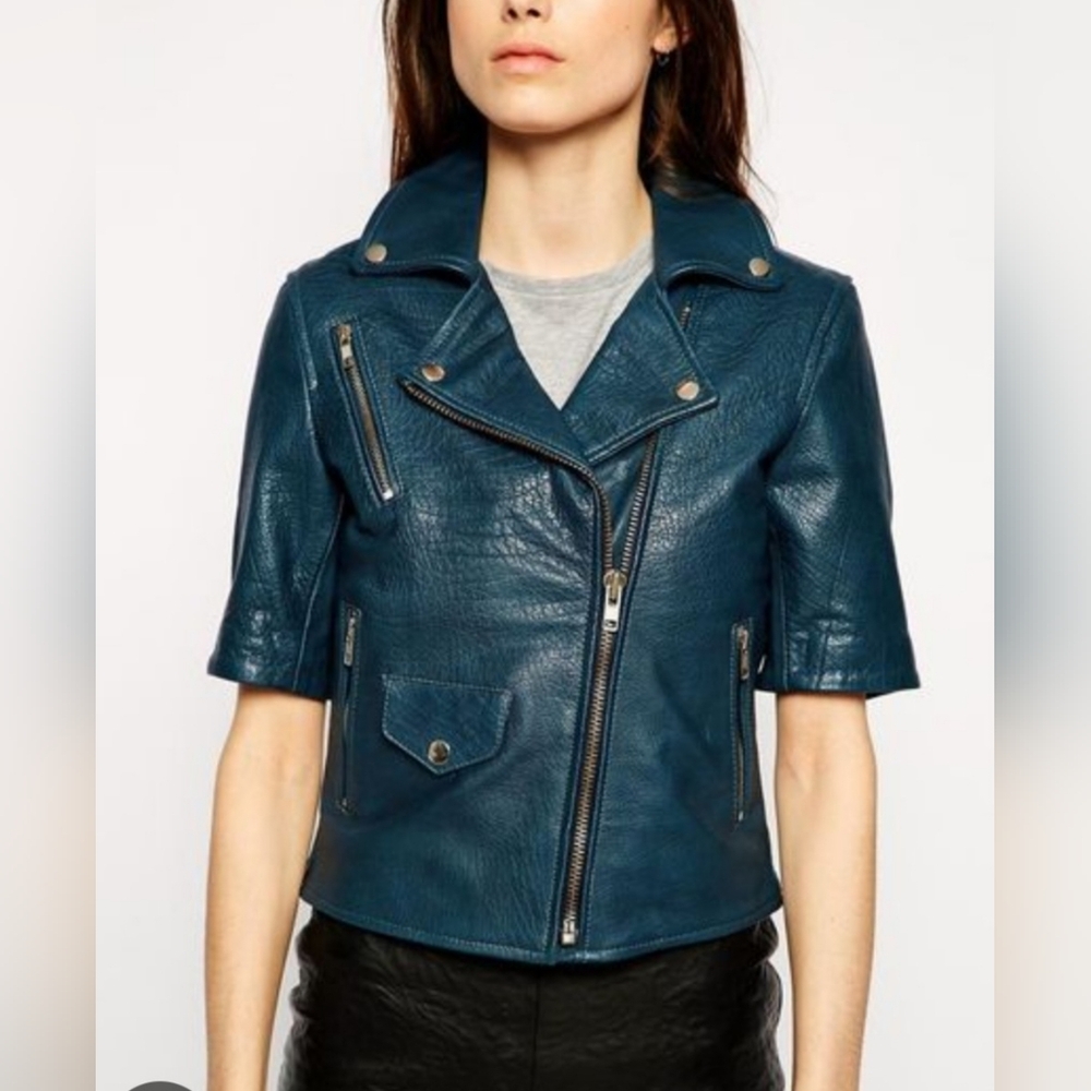 Muubaa Emro Blue Leather biker jacket Size 4 ( Excellent condition)